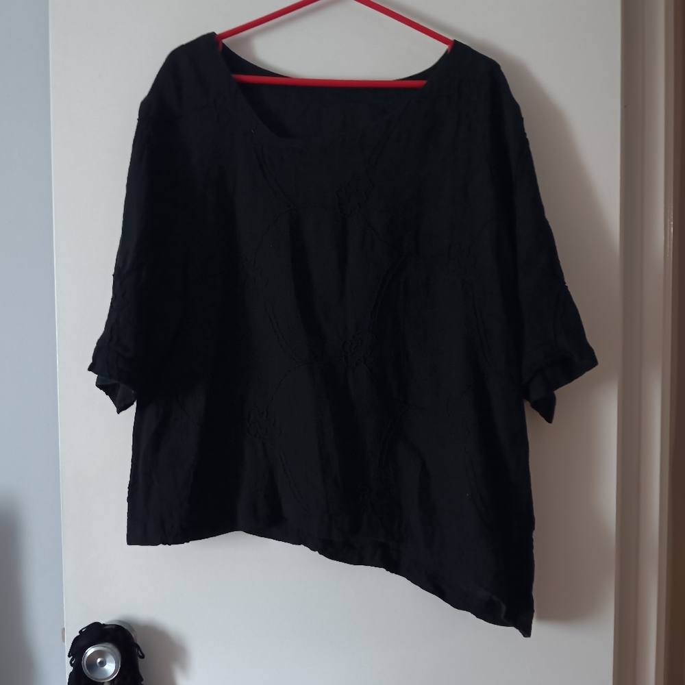 SULU Black Textured Linen Asymmetric Pullover Blouse 48 L/XL
